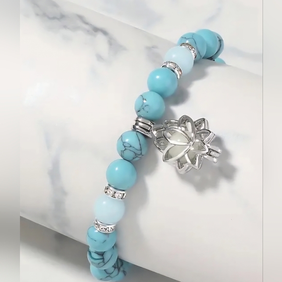 Turquoise Beaded Bracelet with Silver Lotus Charm Emotional Stability - Picture 4 of 4